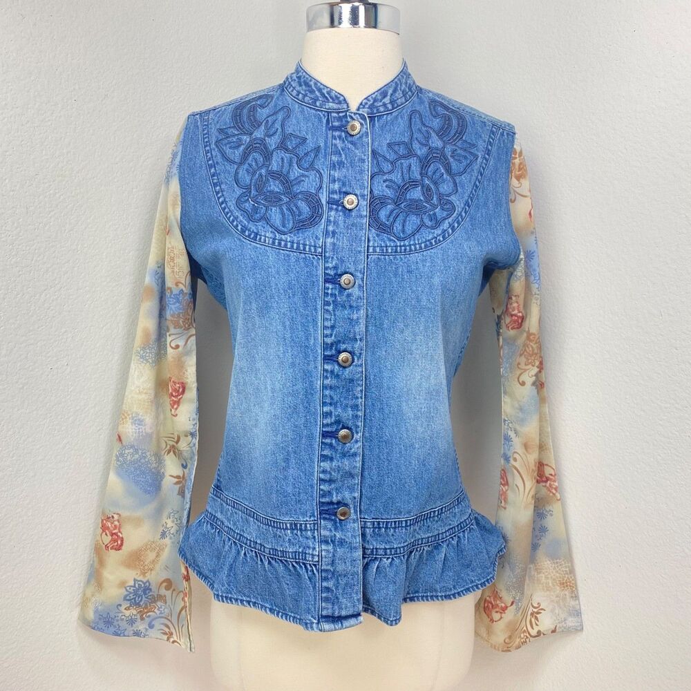 Wrangler Jean Cotton Blouse Small Chiffon Long Flared Sleeves Embroidered Peplum